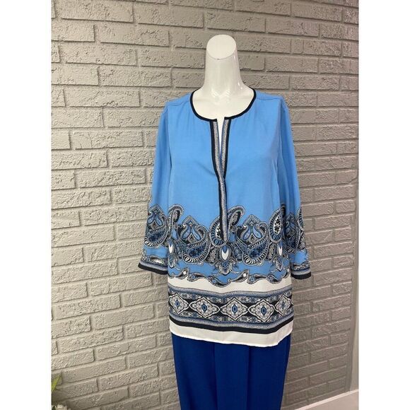 Ann Taylor Women Blue 3/4 Sleeve Paisley Print Blouse Size M - Picture 1 of 10